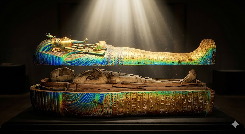 Scansione laser 3D del sarcofago dorato di Tutankhamon che rivela scritte e pattern nascosti