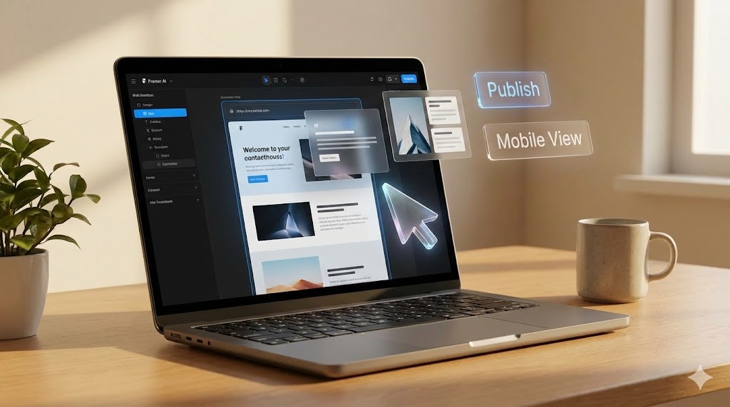 Generazione di un sito web completo tramite prompt su Framer AI.