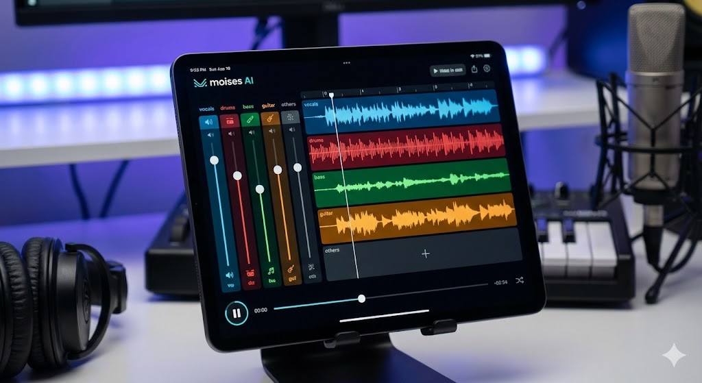 Interfaccia di Moises AI con strumenti di separazione tracce audio