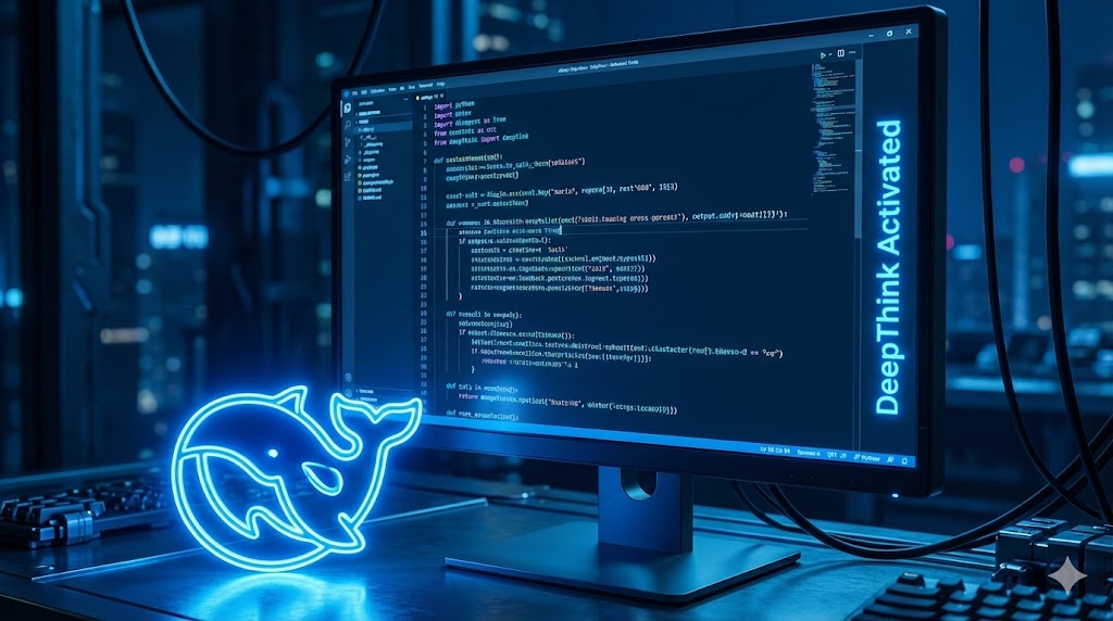 Logo di DeepSeek su uno schermo con codice di programmazione complesso in background.