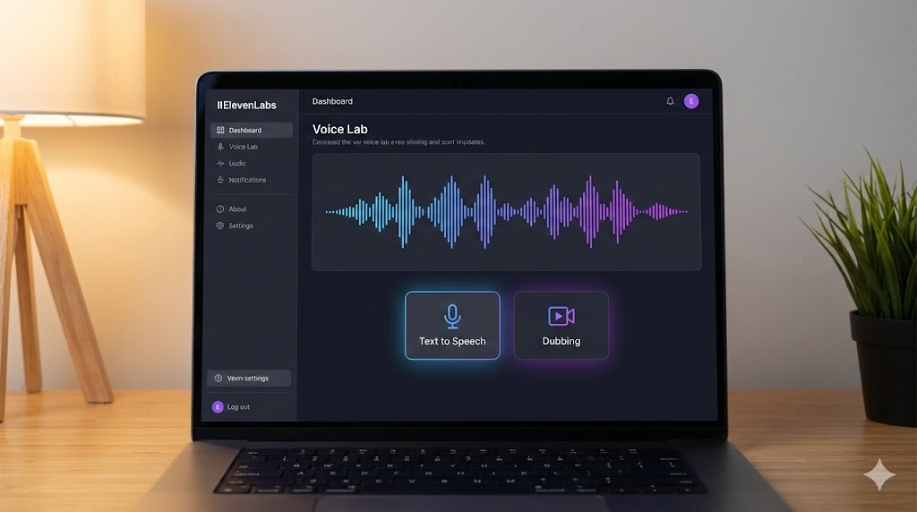 Interfaccia di ElevenLabs che mostra la sintesi vocale e la libreria di voci.