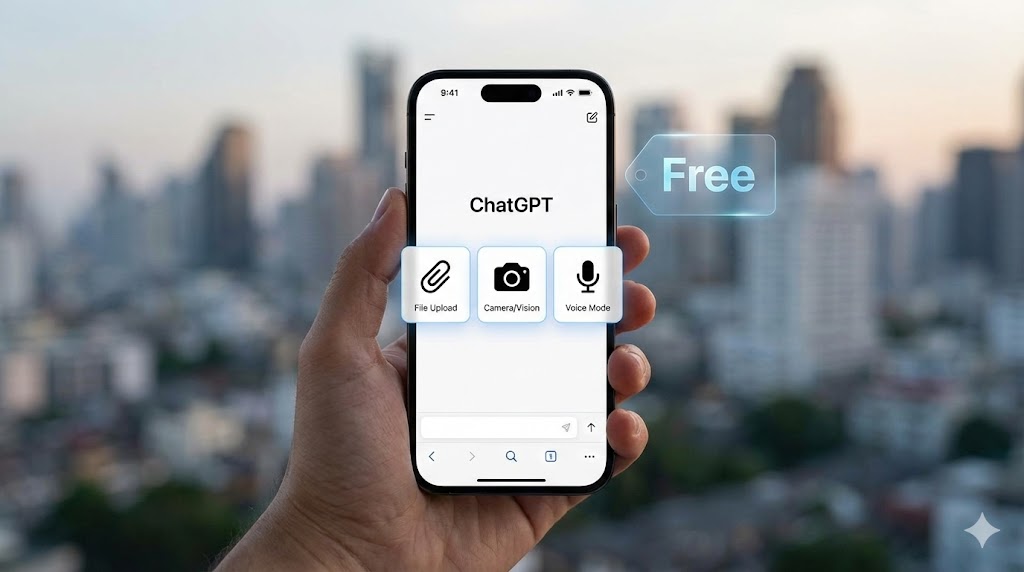 Interfaccia di ChatGPT su smartphone che mostra le icone delle funzioni multimodali.