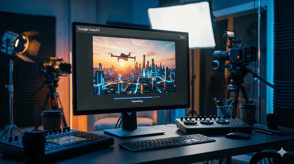 Interfaccia di Google Vids che mostra la timeline e i suggerimenti AI per le slide.