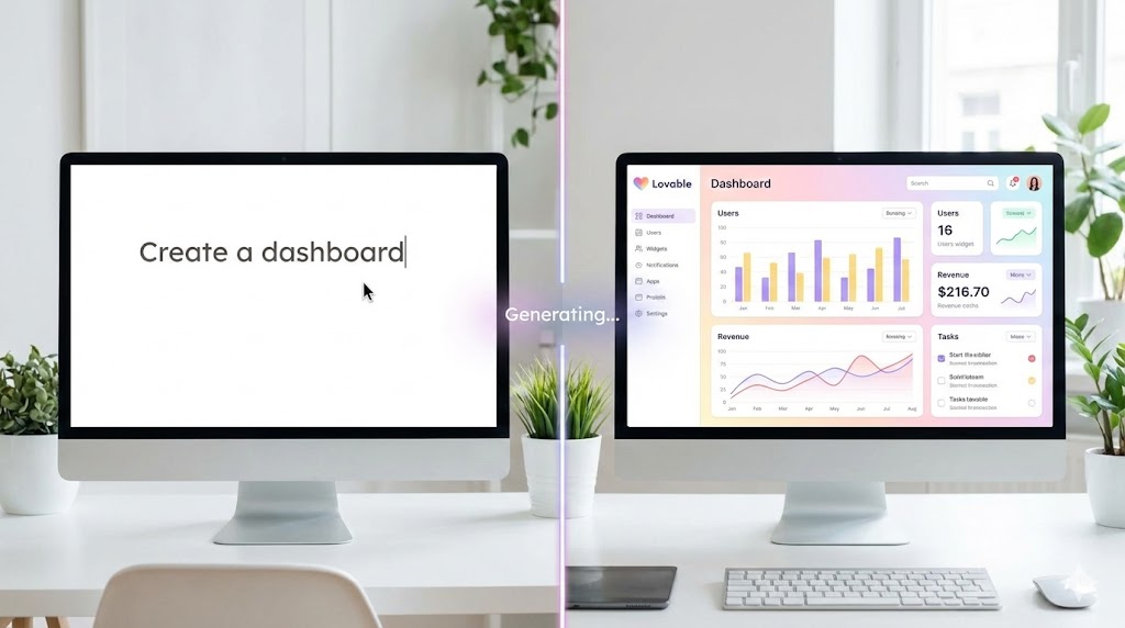 Dashboard di Lovable.dev che mostra la generazione di una web app completa da un prompt.
