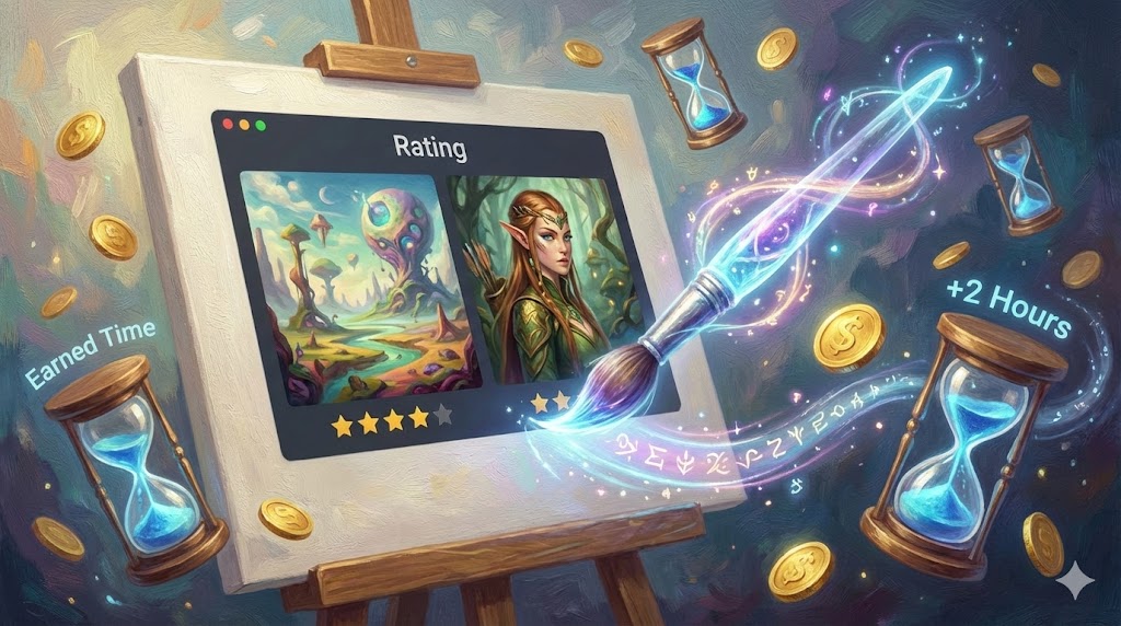 Un'opera d'arte generata da Midjourney che mostra un pennello digitale incandescente.