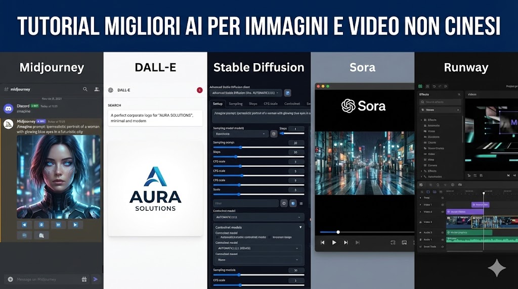 Interfacce di Midjourney, DALL-E, Runway e Sora per la generazione professionale di immagini e video con intelligenza artificiale