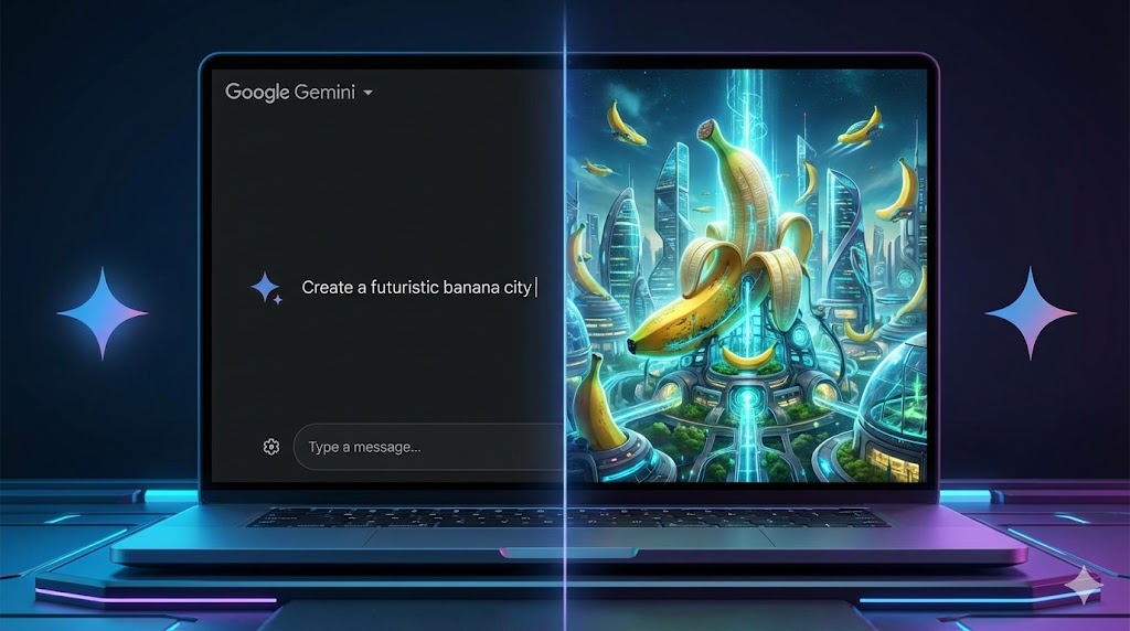 Schermata divisa: a sinistra l'interfaccia di Google Gemini con un prompt testuale, a destra l'immagine colorata generata dall'AI.