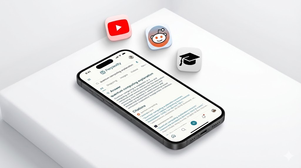 Smartphone che mostra una ricerca su Perplexity con le fonti citate in alto.
