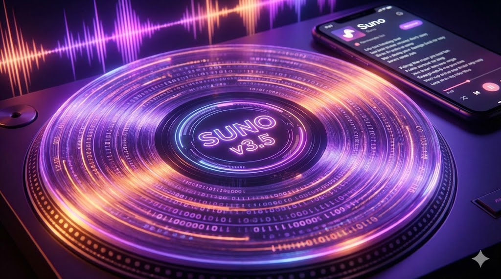 Generazione di una canzone su Suno v3.5 con visualizzazione della copertina dell'album.