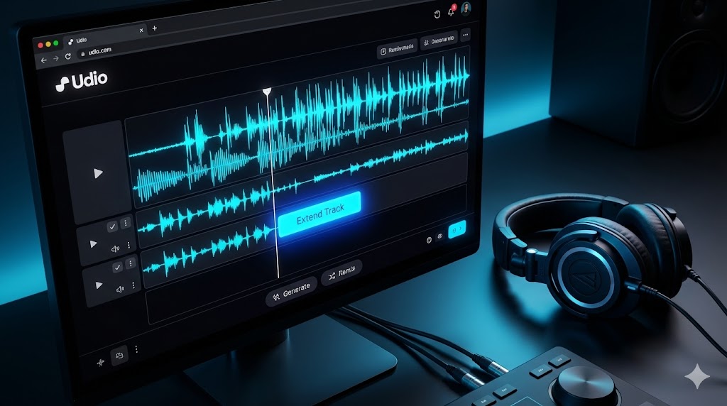 Dashboard di Udio con le forme d'onda audio e i controlli di generazione avanzati.