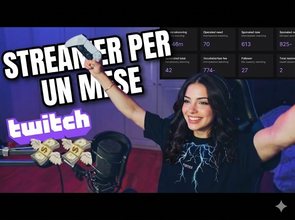 Il logo viola e bianco di Twitch con il suo iconico fumetto di chat, su uno sfondo che simboleggia lo streaming live, i videogiochi, le chat interattive e i creator.