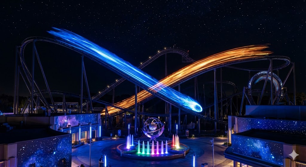 Treni illuminati di Stardust Racers che sfrecciano nel buio come comete