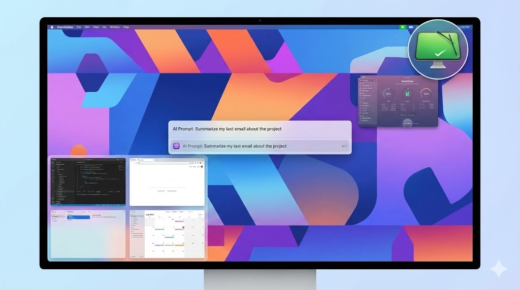 Schermata desktop Mac con le interfacce di Raycast, CleanMyMac e Rectangle attive