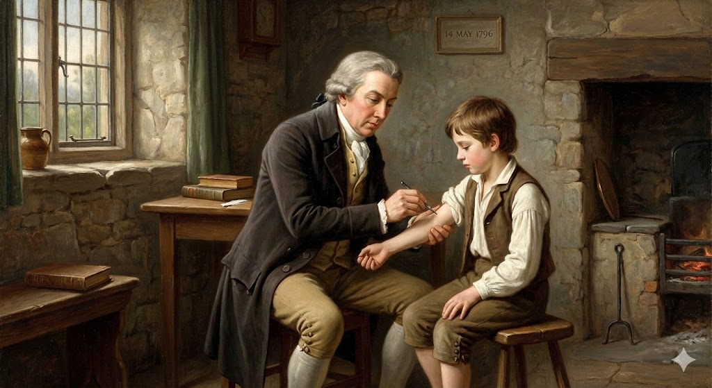 Edward Jenner che inocula il giovane James Phipps con il vaccino contro il vaiolo nel maggio 1796 in un dipinto storico