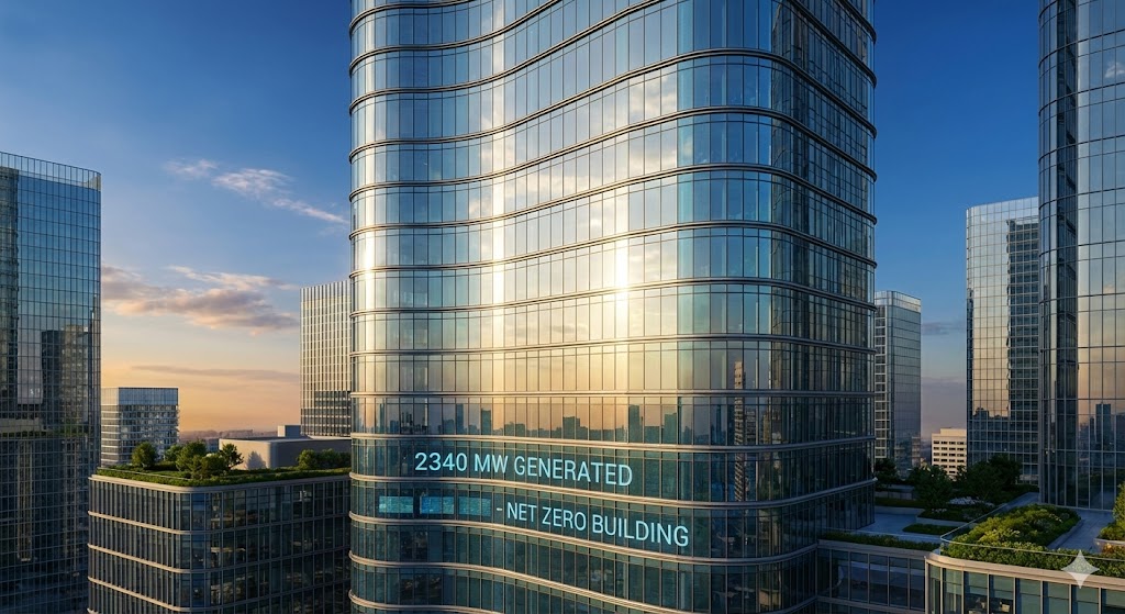 Grattacielo moderno con vetri fotovoltaici trasparenti che catturano energia solare sulle facciate urbane