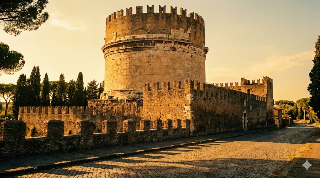 Il Mausoleo di Cecilia Metella lungo la Via Appia Antica con la sua caratteristica struttura cilindrica medievale