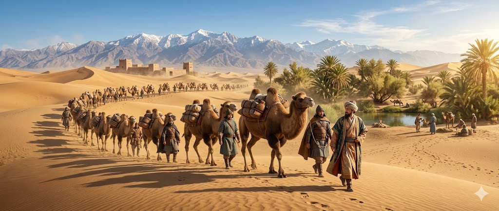 Le carovane di cammelli battriani attraversano le oasi e le rotte desertiche commerciali della Via della Seta nel cento dopo Cristo.
