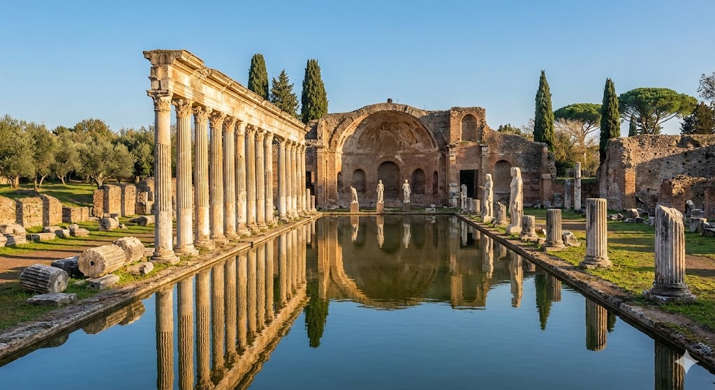 Canopo di Villa Adriana con colonne e piscina riflettente