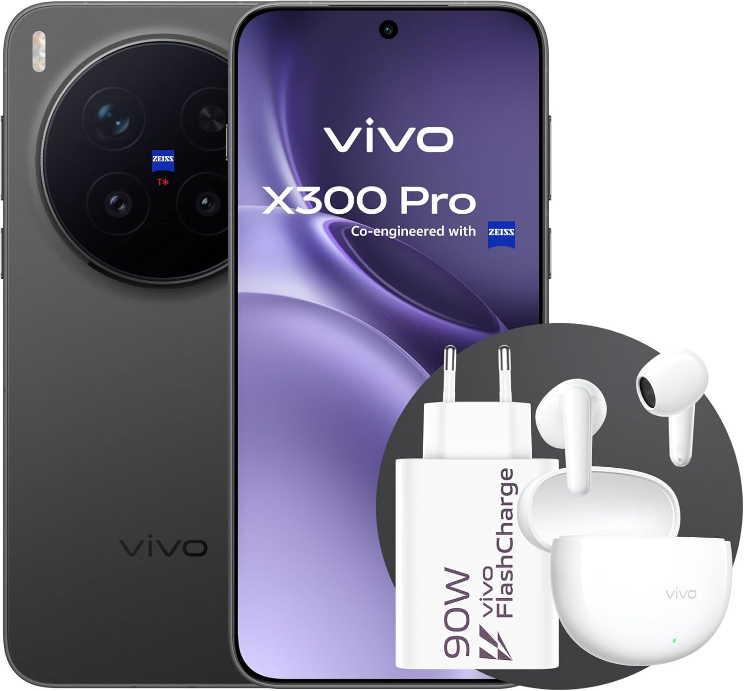 Il vivo X300 Pro mostrato di profilo, in colore nero, con un evidente rigonfiamento della fotocamera posteriore che ospita la lente Zeiss