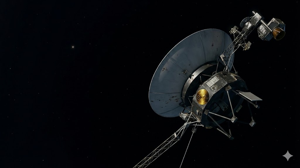 Rappresentazione artistica della sonda Voyager 1 mentre attraversa lo spazio interstellare profondo.