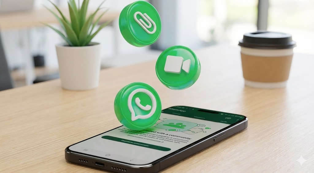 L'iconico logo di WhatsApp con il fumetto del messaggio e il telefono, su uno sfondo che simboleggia la connettività globale e la sicurezza della crittografia.