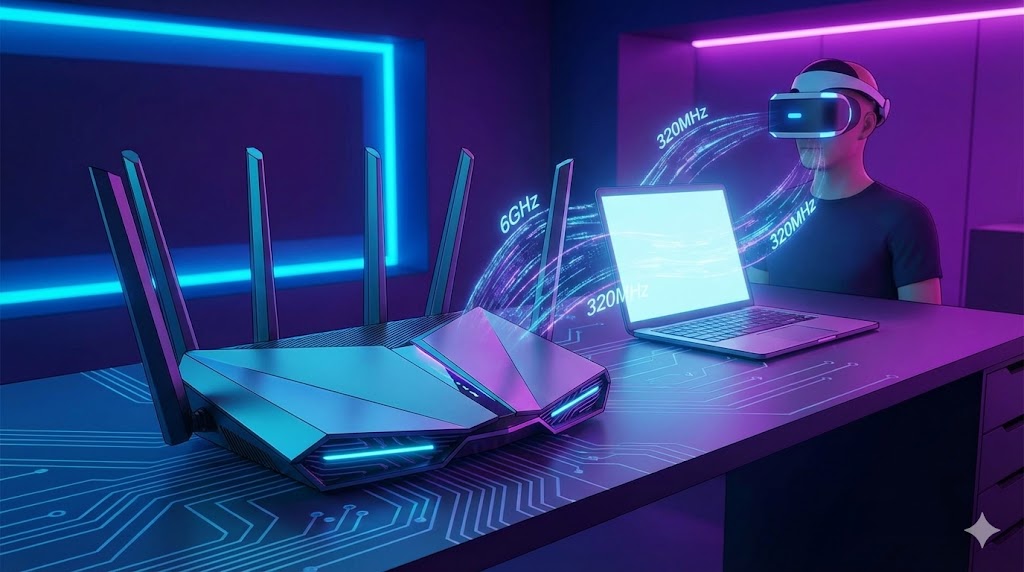 Un router Wi-Fi 7 futuristico con antenne multiple che emette segnali olografici di velocit� e canali dati.