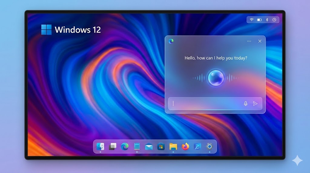 Concept art dell'interfaccia di Windows 12 con taskbar fluttuante e integrazione AI.