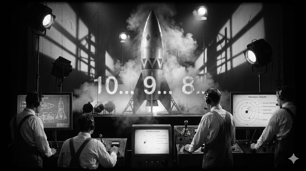 Fotogramma del film Woman in the Moon con il razzo a pi� stadi in fase di lancio