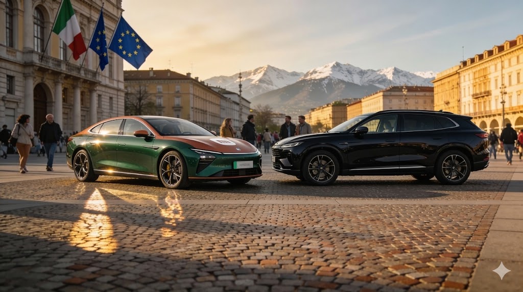 Xiaomi SU7 e YU7 esposte con bandiere italiana ed europea sullo sfondo, simbolo dello sbarco previsto nel 2027