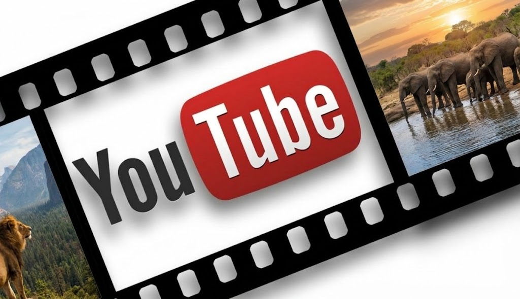 Il logo distintivo di YouTube al centro, con un'interfaccia moderna che mostra diversi video creator, live stream e elementi di cultura pop.