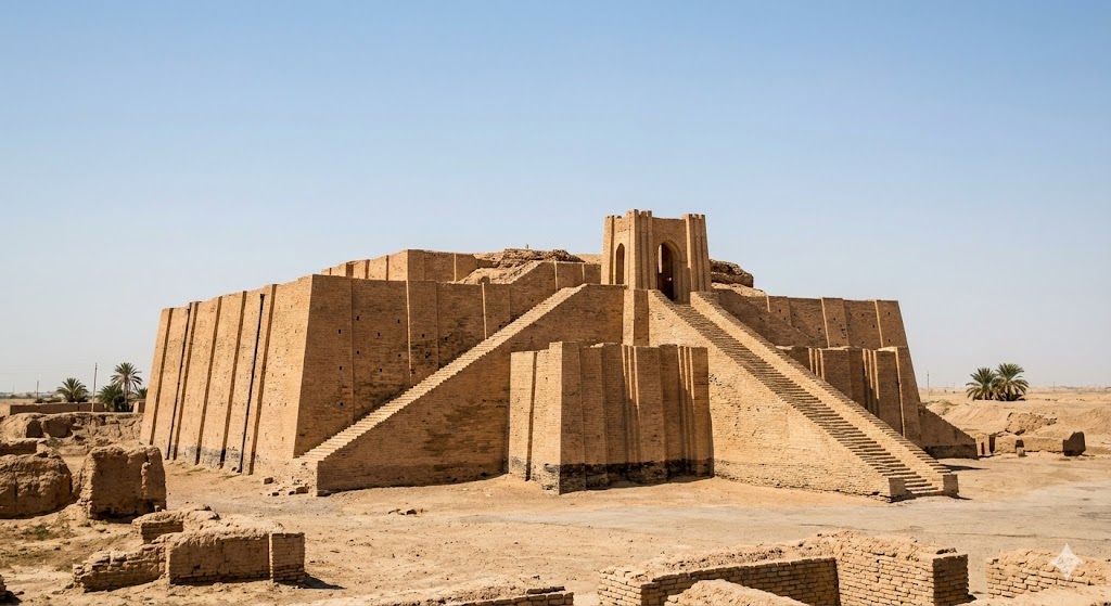 Ziggurat di Ur con struttura a gradoni in mattoni di fango e bitume