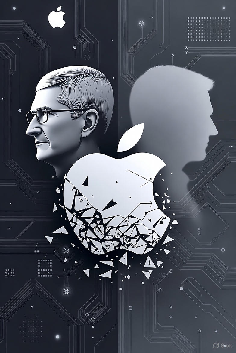 Grafica concettuale che mostra la silhouette di Tim Cook e il logo Apple frammentato, simboleggiando il cambio di leadership