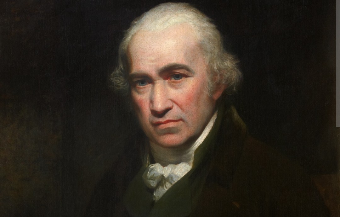 Ritratto di James Watt e la sua macchina a vapore